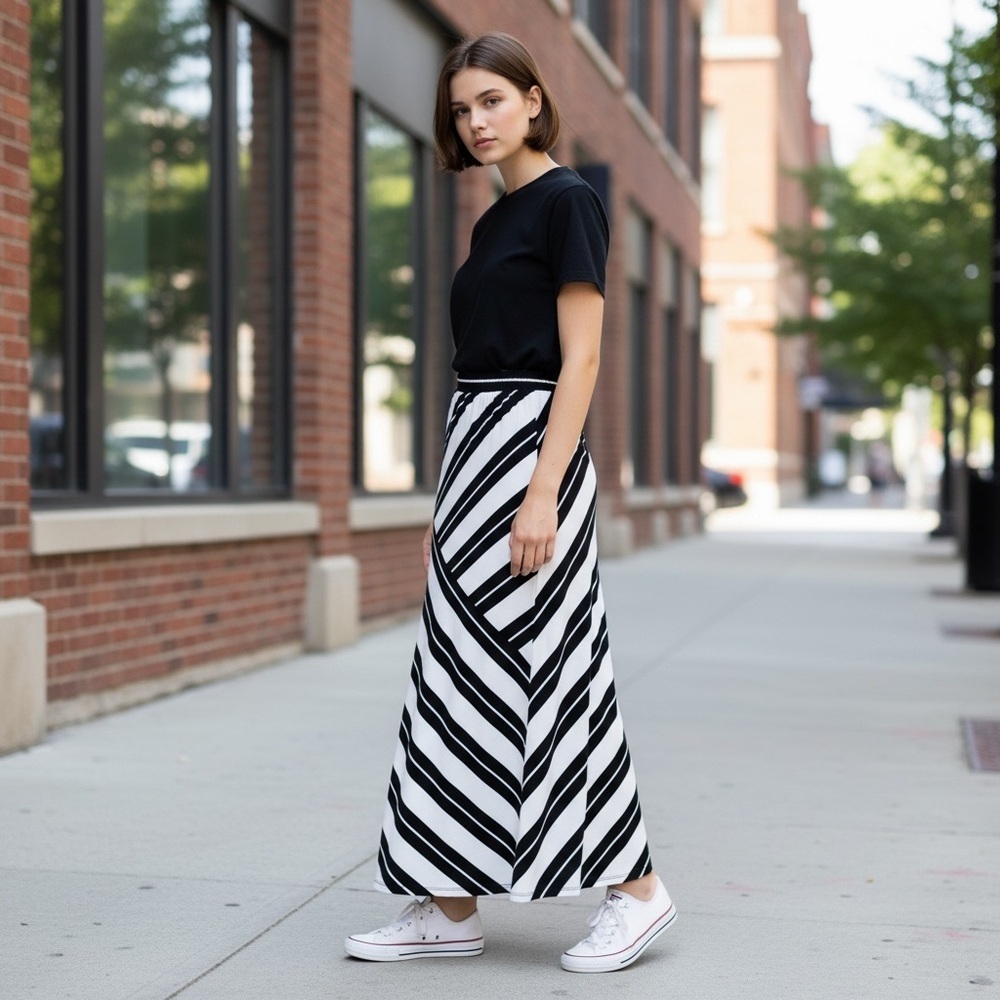 WHBm Striped Black & White Maxi Skirt Size Small NWT